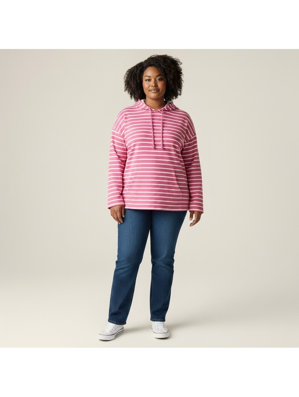 Woman Within Hoodie Women 2X Plus Pink Striped Hooded Long Sleeve Cotton Casual
